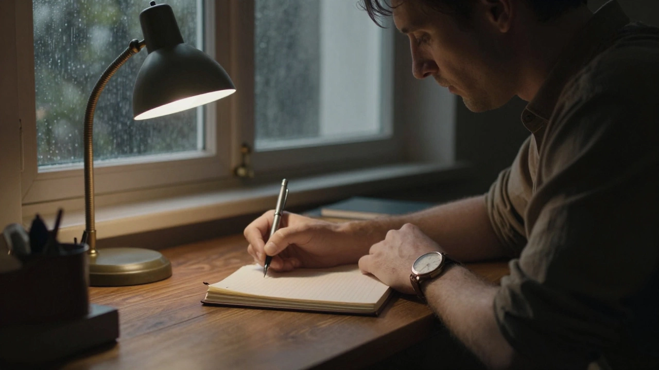 A man writing in a journal by lamplight, watch on wrist, rain outside.