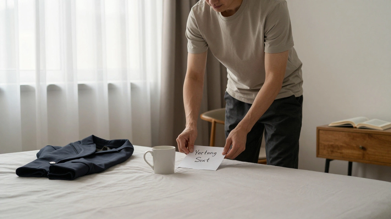 A serene bedroom at dawn with a handwritten note and empty coffee cup, symbolizing quiet daily care.