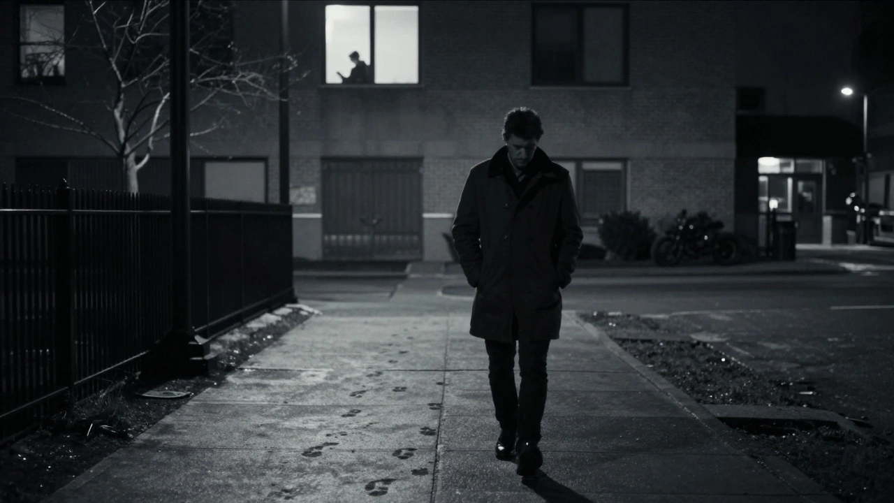 A solitary figure walks home at night, footprints fading behind him under a lone glowing window.