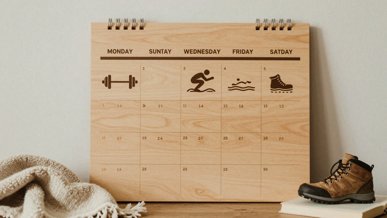 A wooden calendar showing workout days with icons of fitness activities, set in a quiet, cozy room.