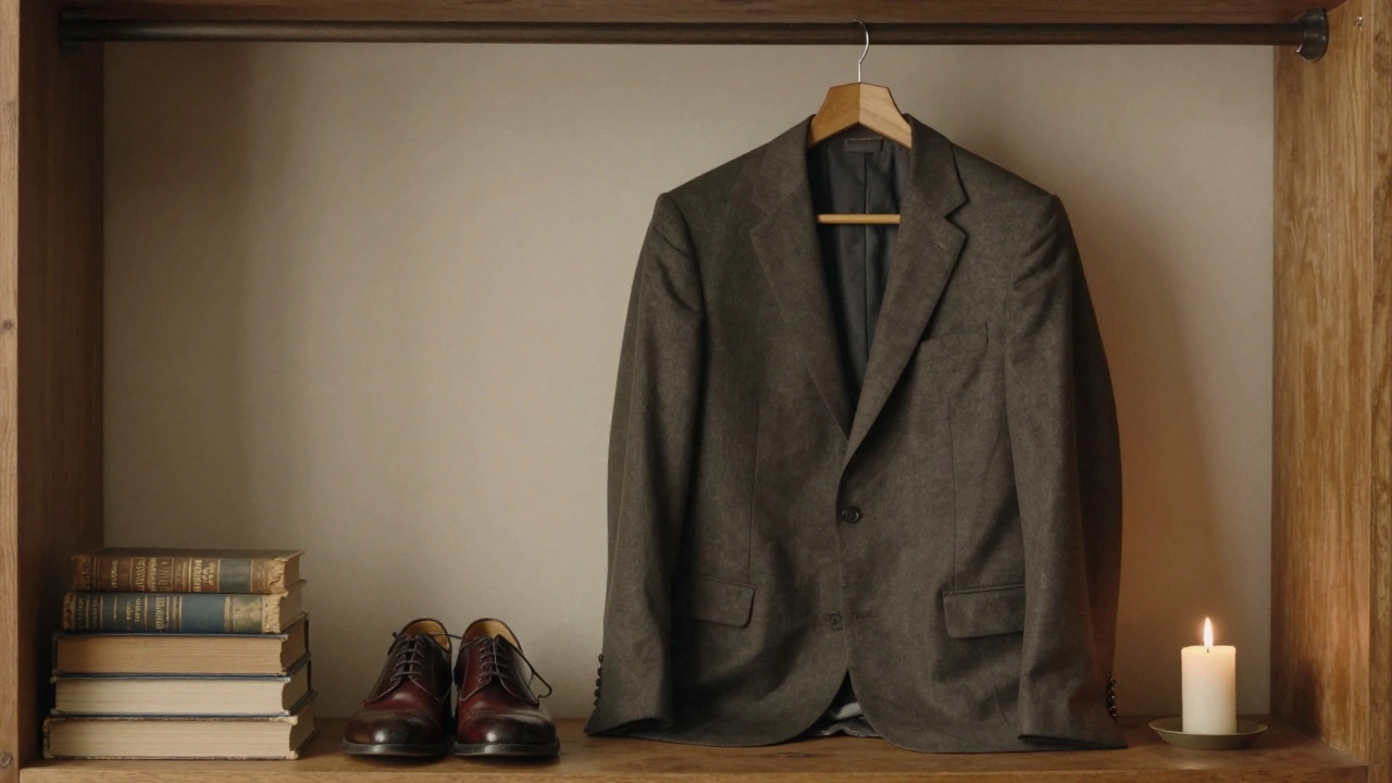 An elegant suit and worn books beside a burning candle, symbolizing quiet personal growth.