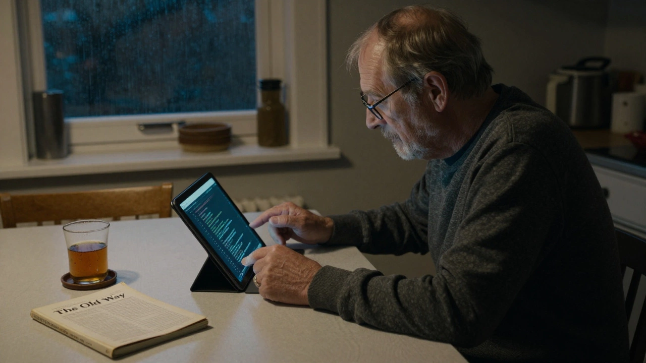 An older man learns new skills at home at night, tea beside him, old manual discarded in the corner.