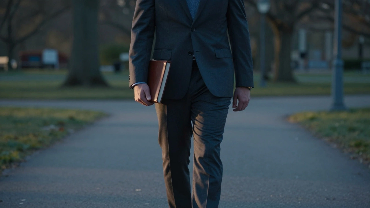 Gentleman walking in park at dawn with journal