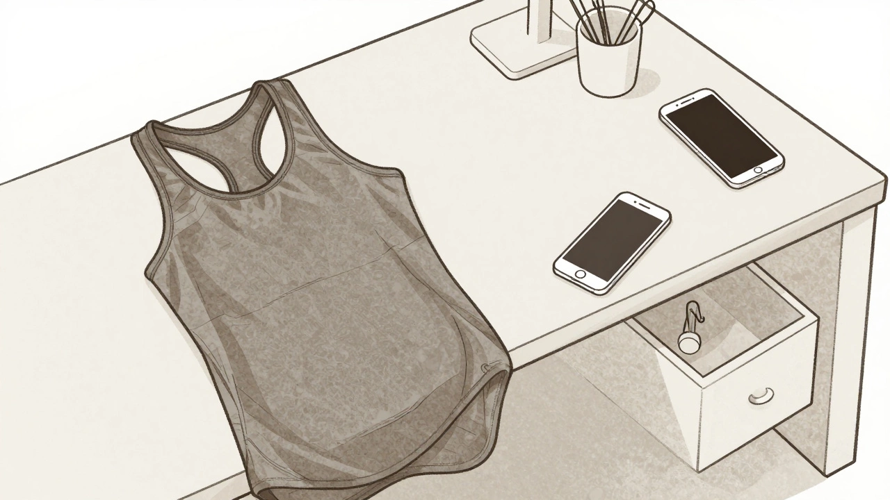 Organized desk with gym clothes and phone stored away