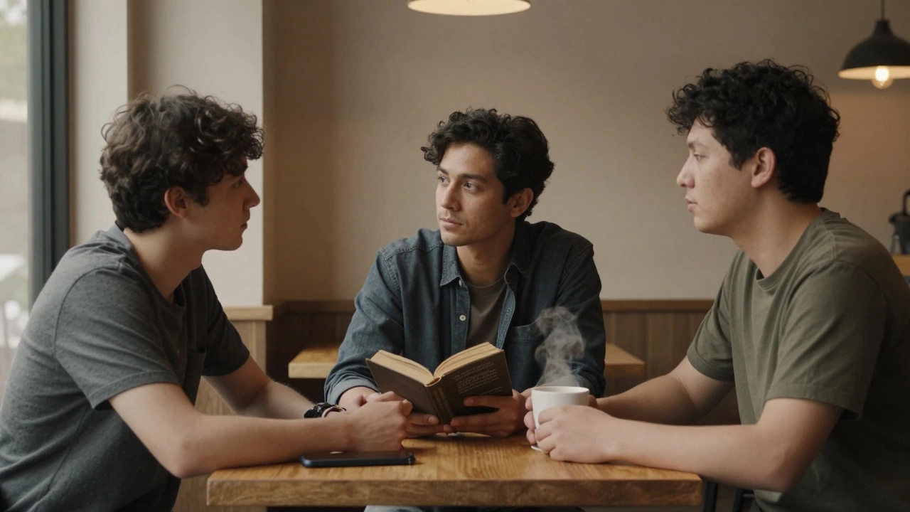 Three men sitting quietly at a café table, listening to each other without phones or distractions.