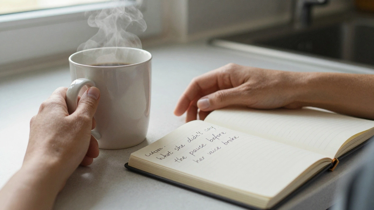 Two hands near a coffee mug and an open journal with handwritten notes about unspoken emotions.