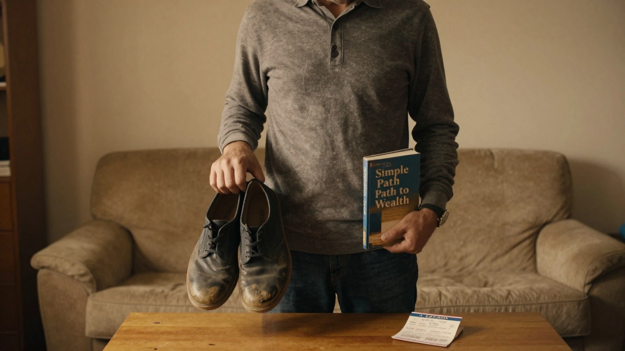 A man holding repaired shoes and a finance book in a simple living room, no luxury items.