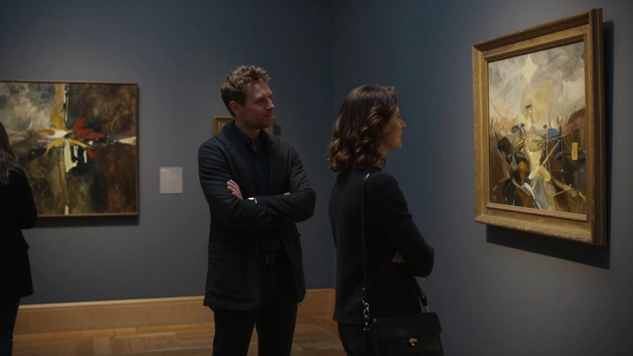A man stands respectfully behind a woman at a gallery, appreciating art and quiet connection.