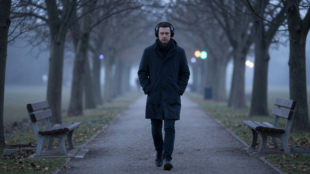 A man walking alone at dusk, free from digital noise, surrounded by peaceful nature.