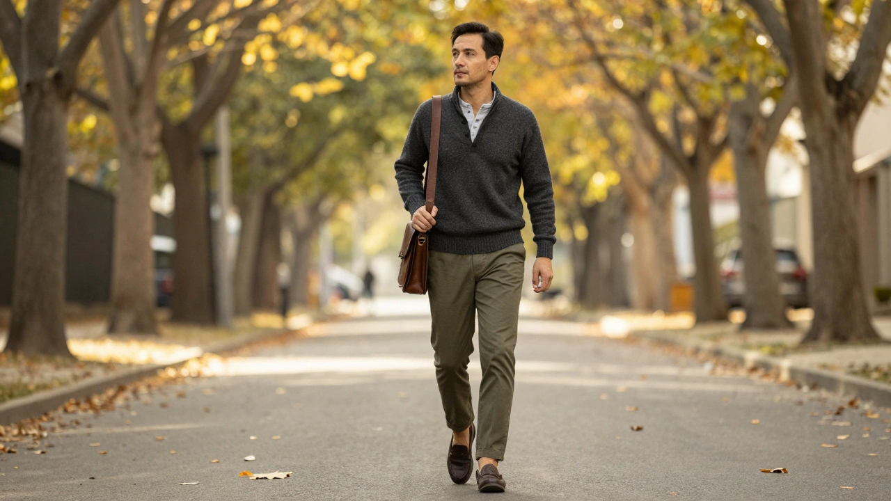 A man walking through autumn leaves in charcoal sweater and olive chinos, carrying a leather satchel.
