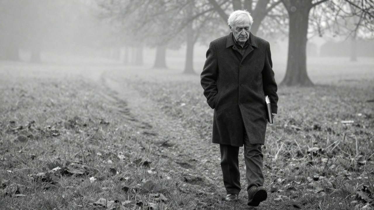 An older man walking alone at dawn through a misty park, footprints trailing behind him