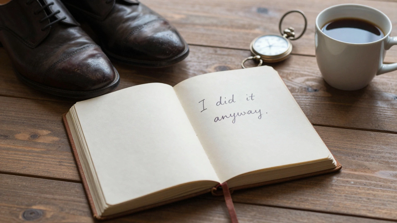 An open journal, polished shoes, and a stopped pocket watch on a wooden table.