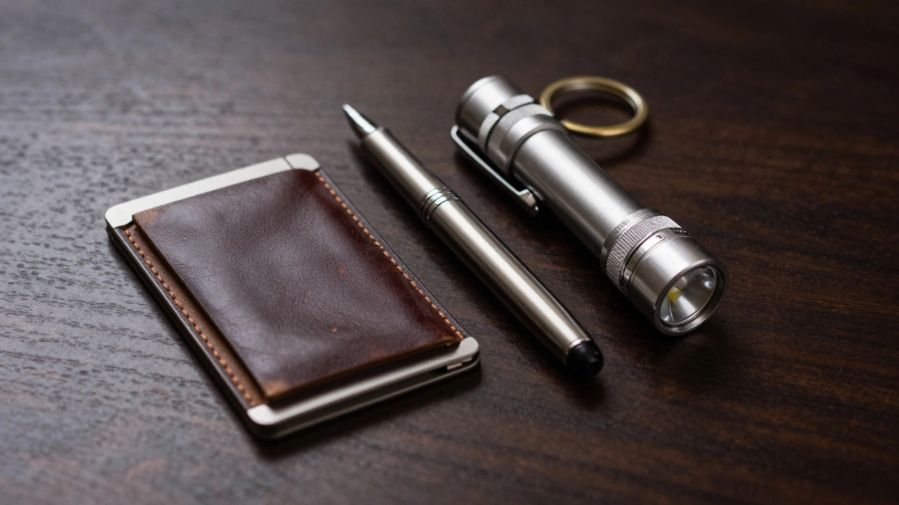Close-up of metal flashlight, pen, and slim wallet arranged on a wooden surface.
