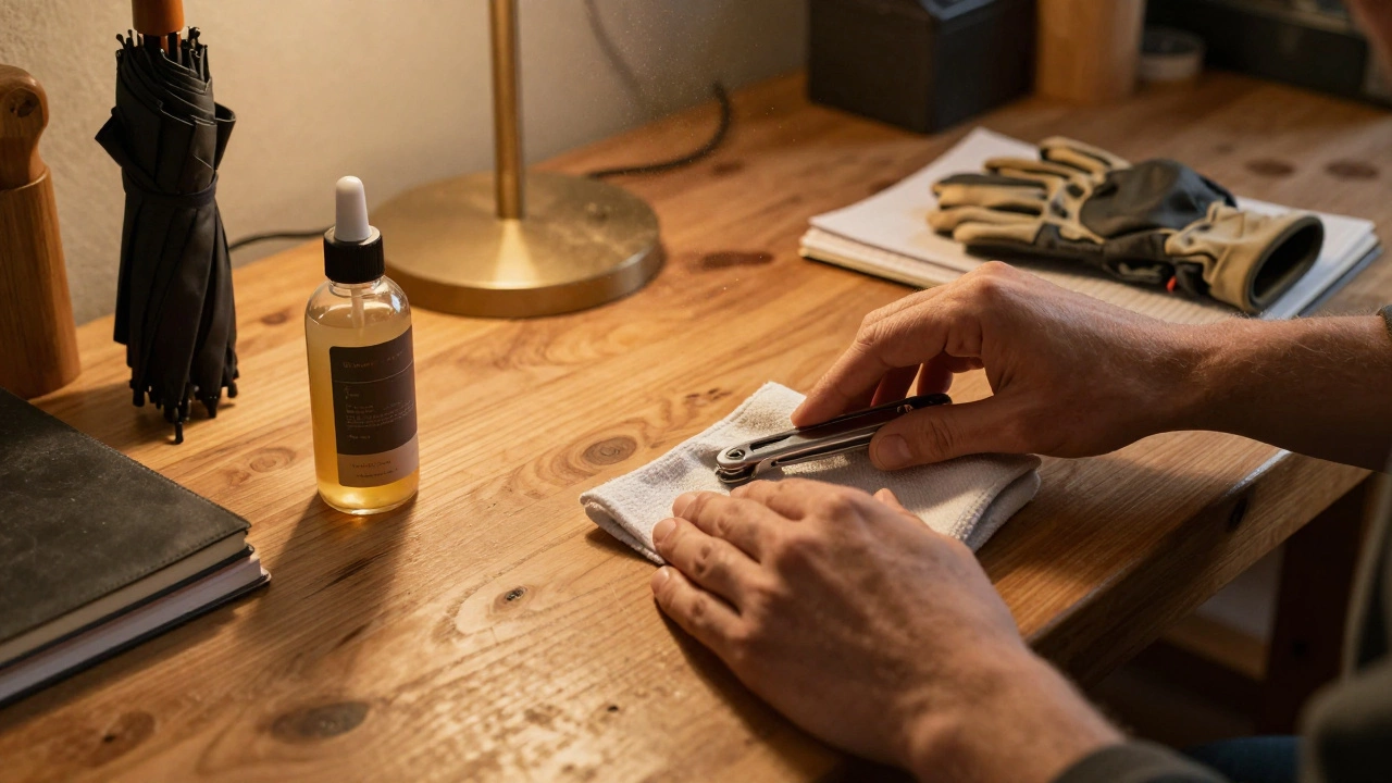 Hand polishing a small tool on a workbench with leather care items nearby.