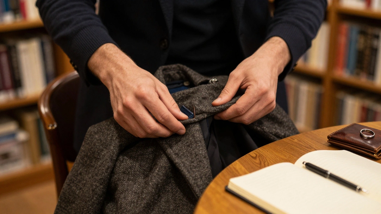 Hands folding a wool coat neatly over a chair, with a leather wallet and silver ring on the table.