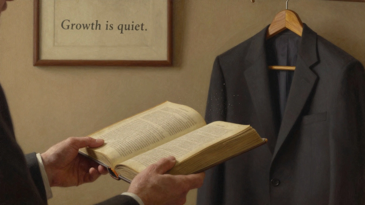 Hands turning the pages of a classic book beside a well-maintained suit.