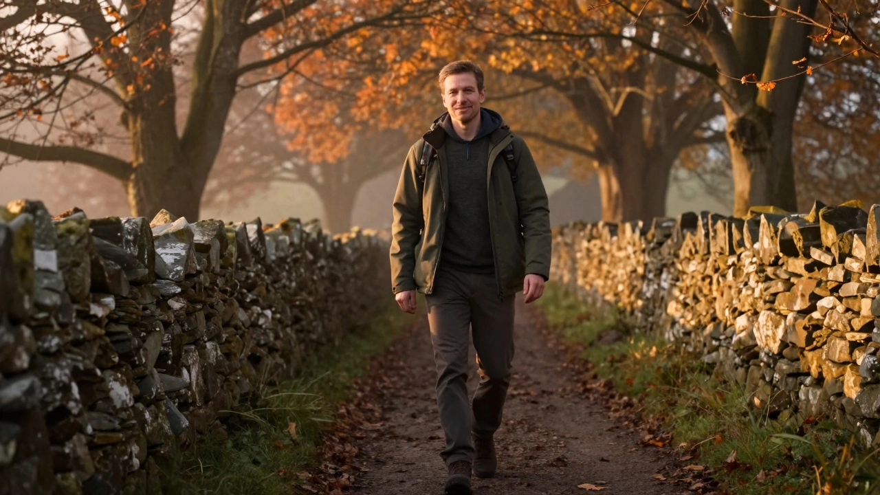 Man walking alone on forest path with confident expression