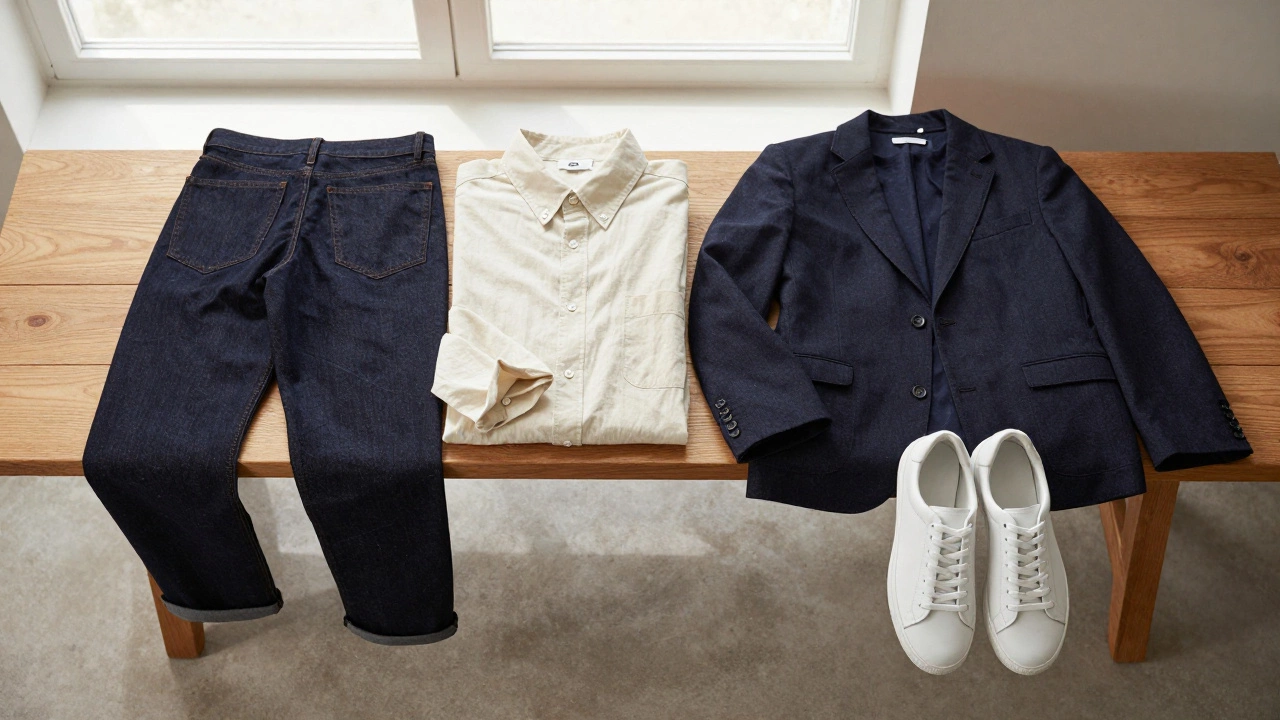 Minimalist wardrobe arrangement of dark denim, oxford shirt, sweater, blazer, and clean sneakers in muted neutrals.