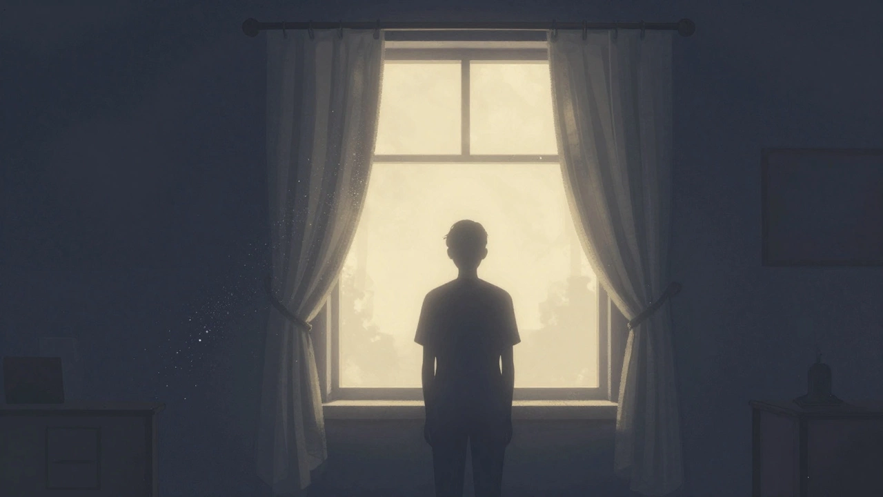 Silhouette in room with sunlight breaking through clouds