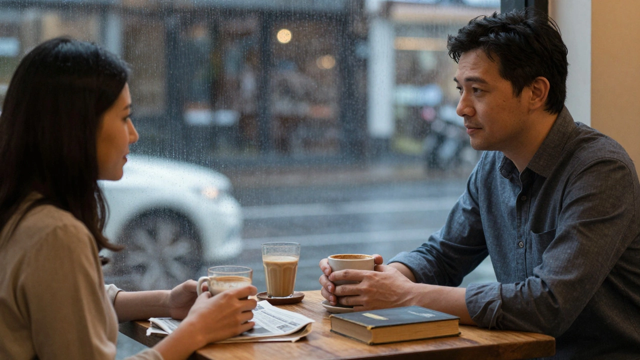 Two people sit at a coffee table in soft evening light, sharing silence without words.