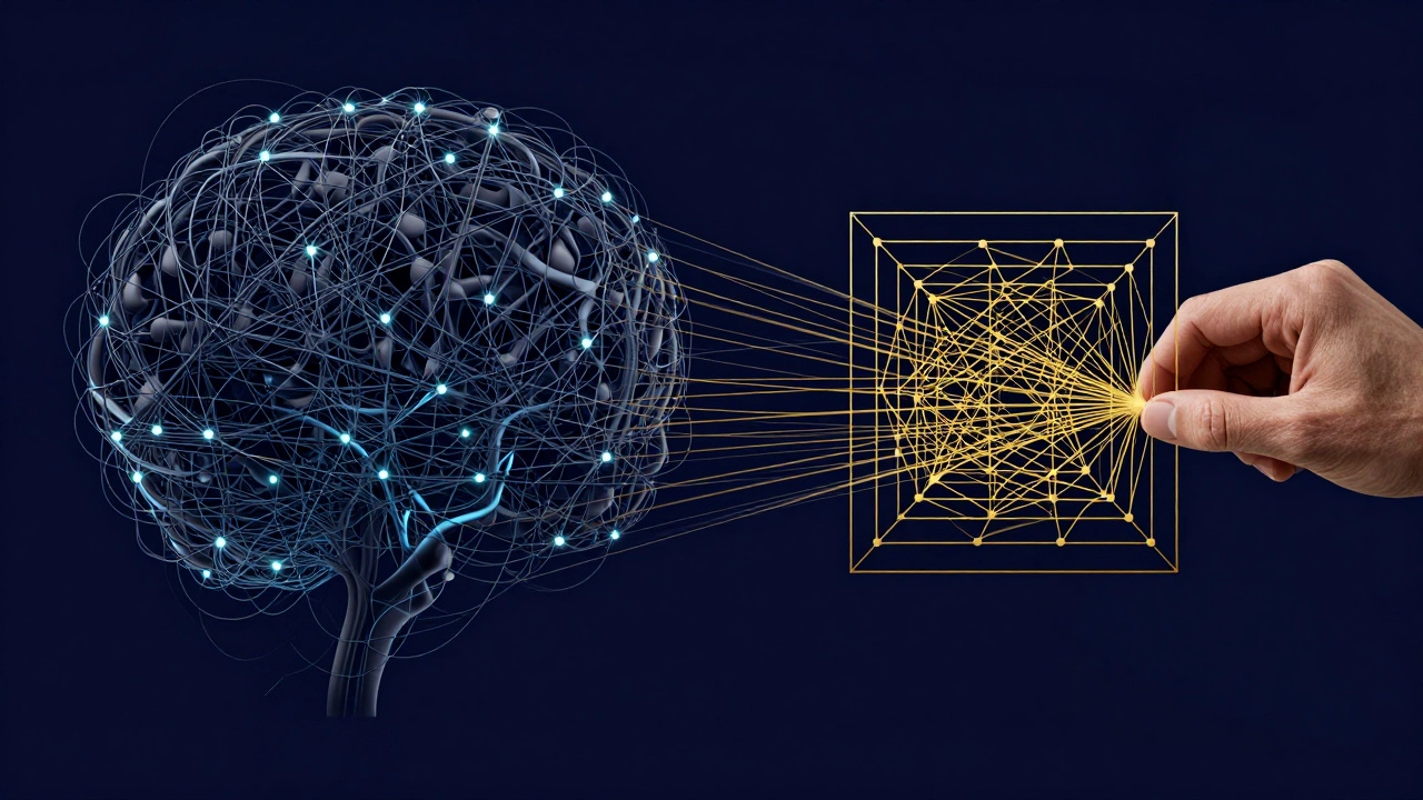 A conceptual transition from a tangled web of dark threads to a structured golden geometric grid.