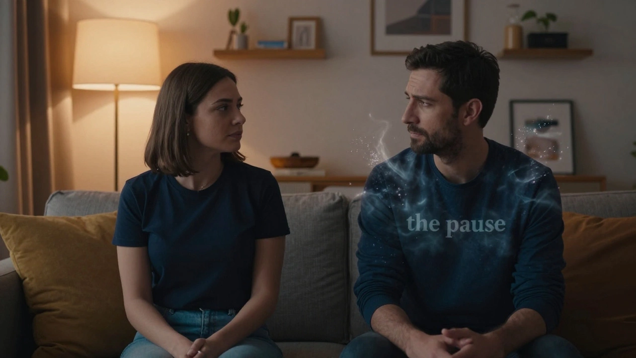 A couple in a living room with a visual effect showing a man mastering an emotional trigger.