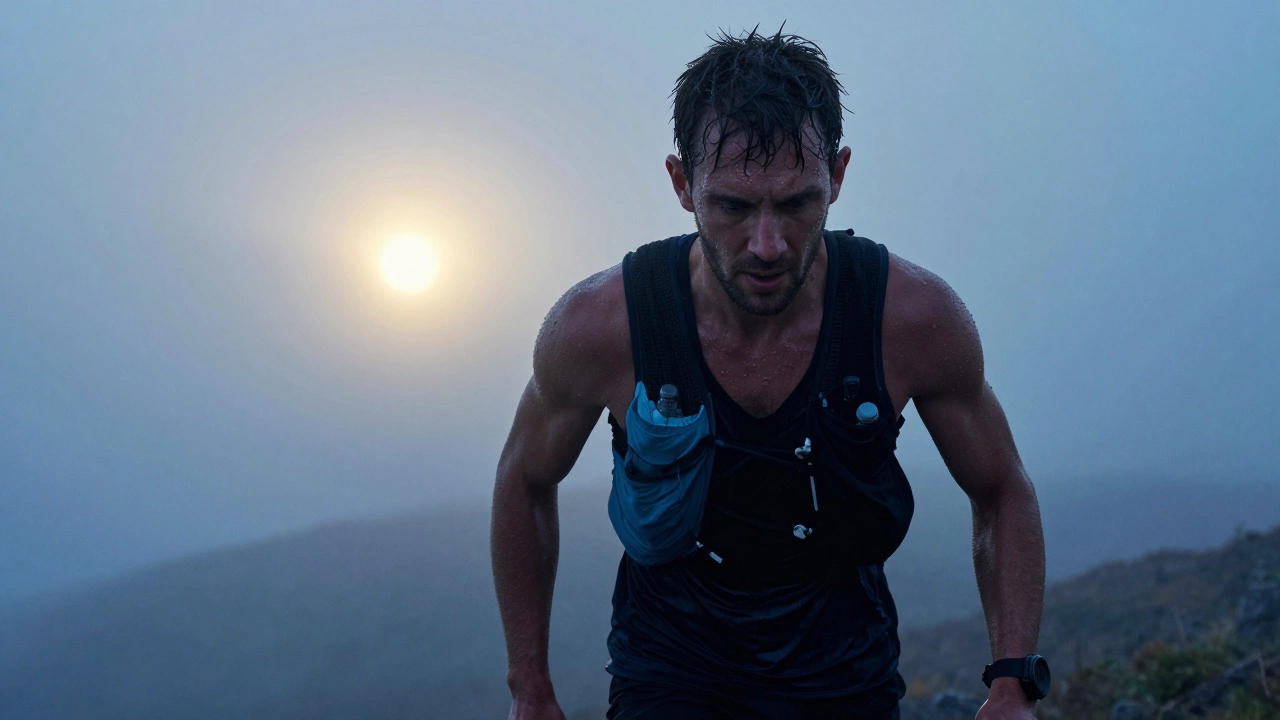 A determined man running on a misty mountain trail at dawn, embodying mental resilience and strength.