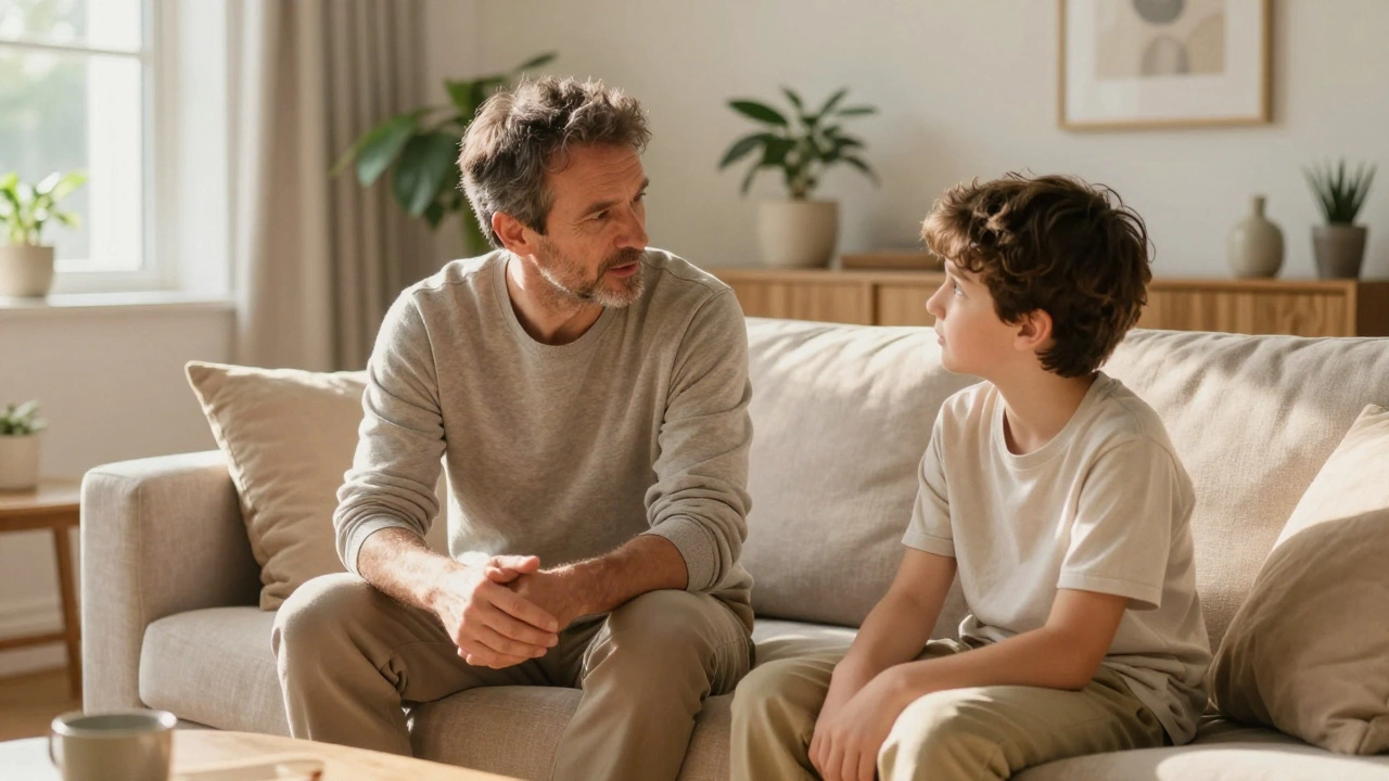 A father and son having an honest, emotional conversation in a sunlit, modern living room.