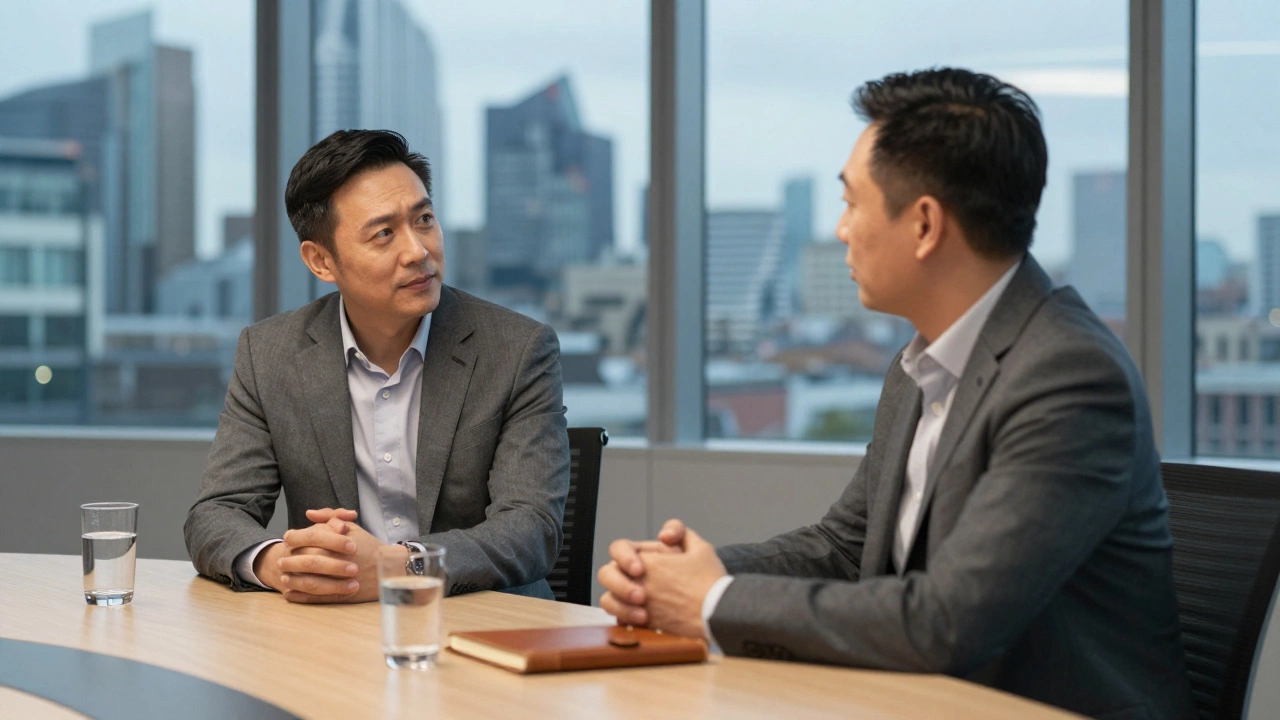 A man and his mindset coach in a collaborative conversation in a modern boardroom.