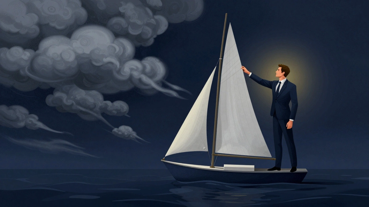 A man calmly adjusting sails amidst a storm, representing the dichotomy of control.