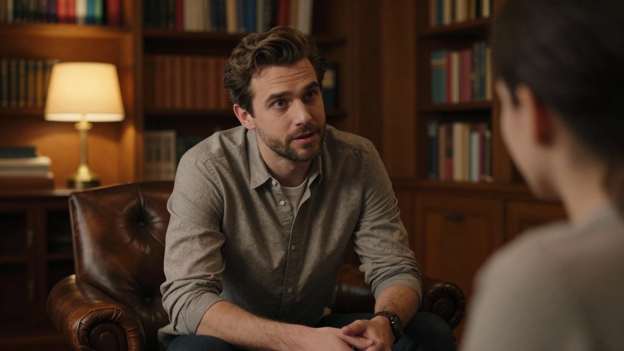 A man listening attentively in a warm, sophisticated library setting.