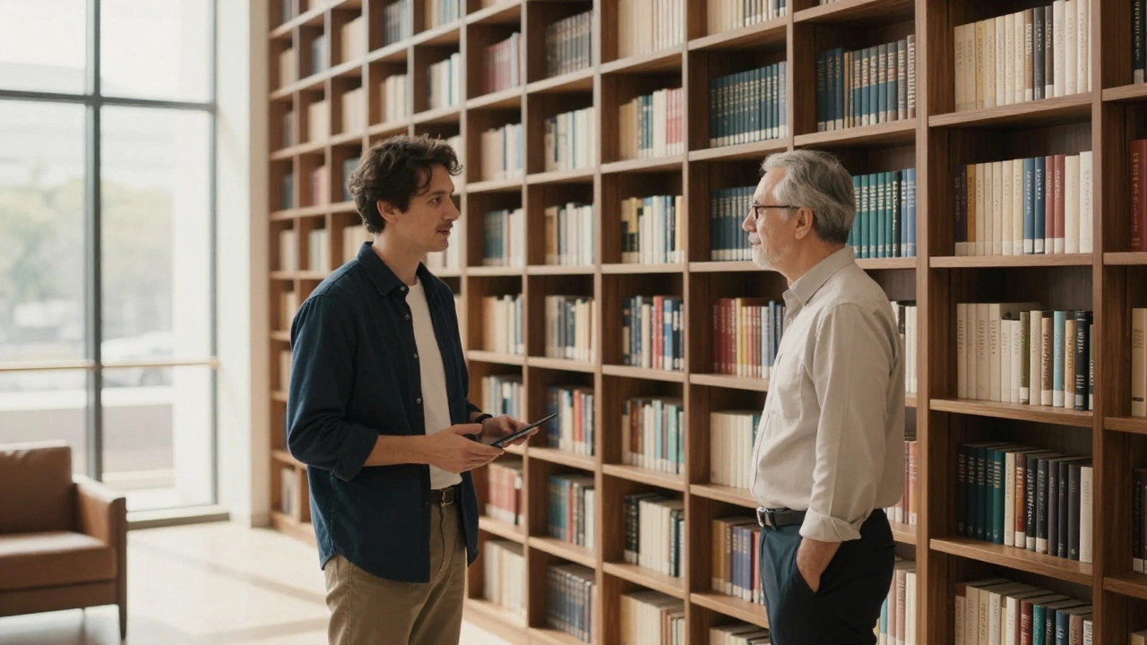 A man talking with a mentor in a sophisticated, sunlit modern library, representing a pursuit of excellence.