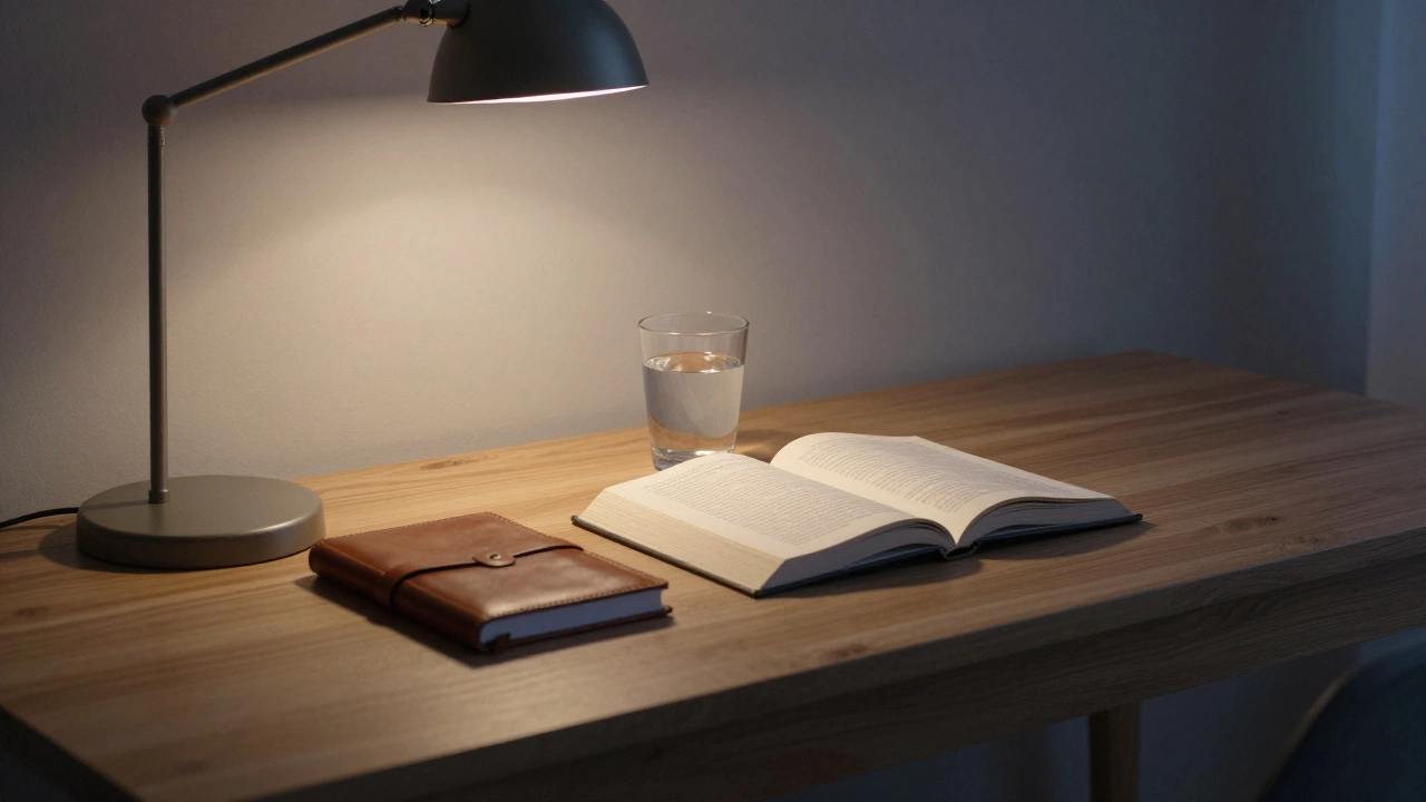 A quiet desk with a journal and book at dawn, symbolizing mental maintenance.
