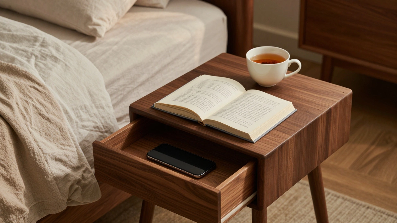 A tidy bedside table with a book and tea, with a phone tucked away in a drawer