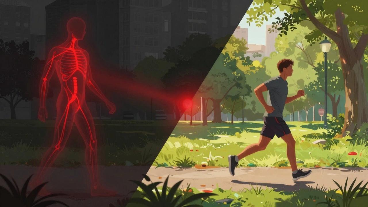 Conceptual art showing the transition from stress to wellness through outdoor exercise