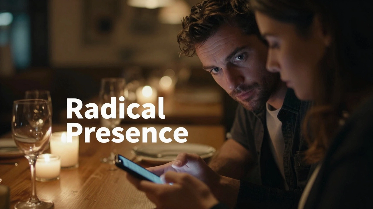 Couple at dinner with a phone set aside, focusing on deep eye contact