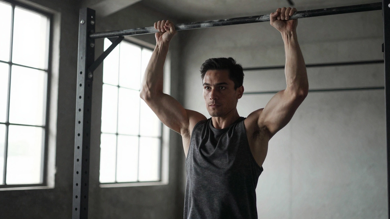 Disciplined man maintaining a calm expression while performing a challenging physical exercise in a gym.