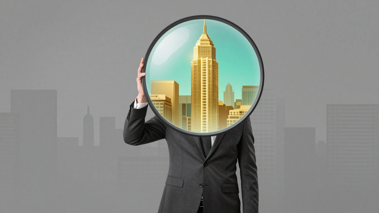 Man looking through a crystal lens that transforms a grey city into a vibrant, golden landscape.