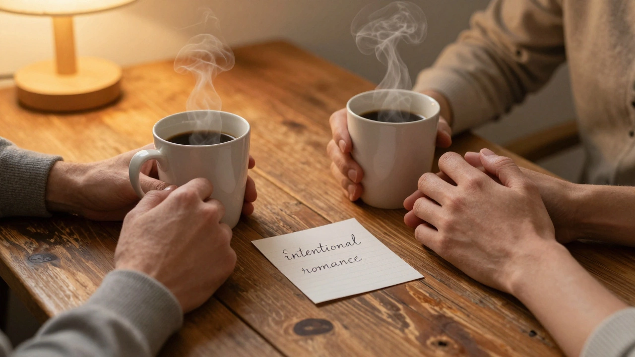 Two coffee mugs and a handwritten note on a wooden table, symbolizing intentional romance.