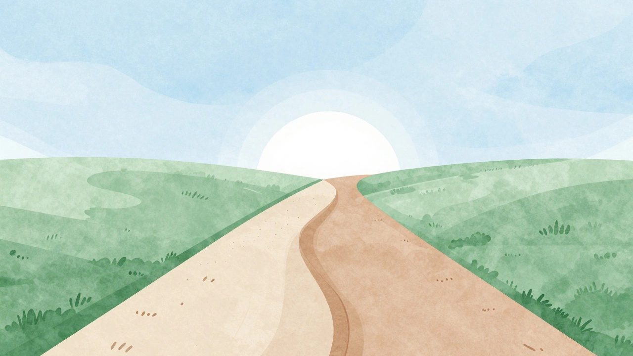 Abstract art of two paths merging toward a shared future horizon