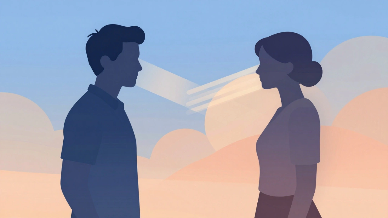 Abstract art showing two figures connecting through light and warmth
