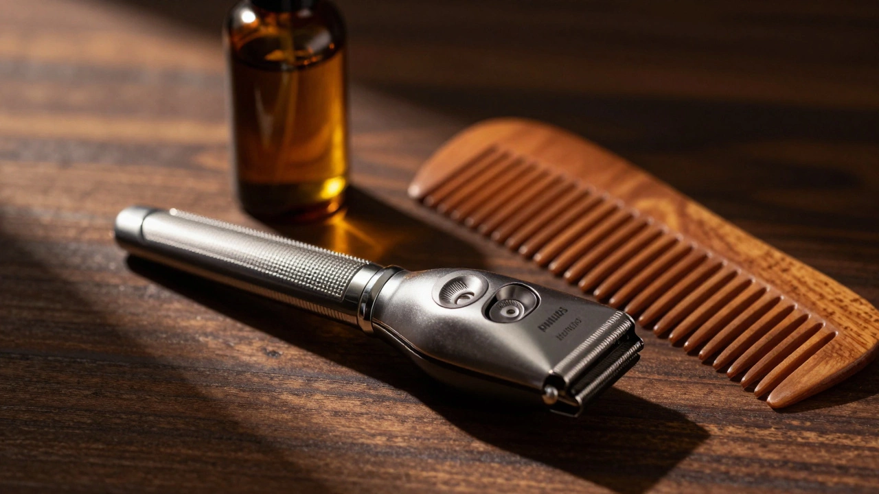 Beard trimmer, oil, and comb arranged on a dark wooden surface