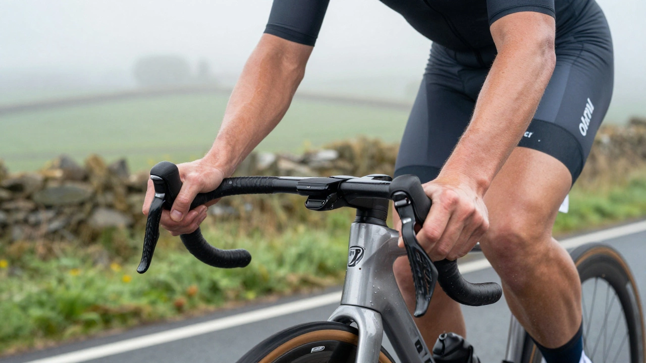 Close-up of cyclist hands and bike details showing marginal gains