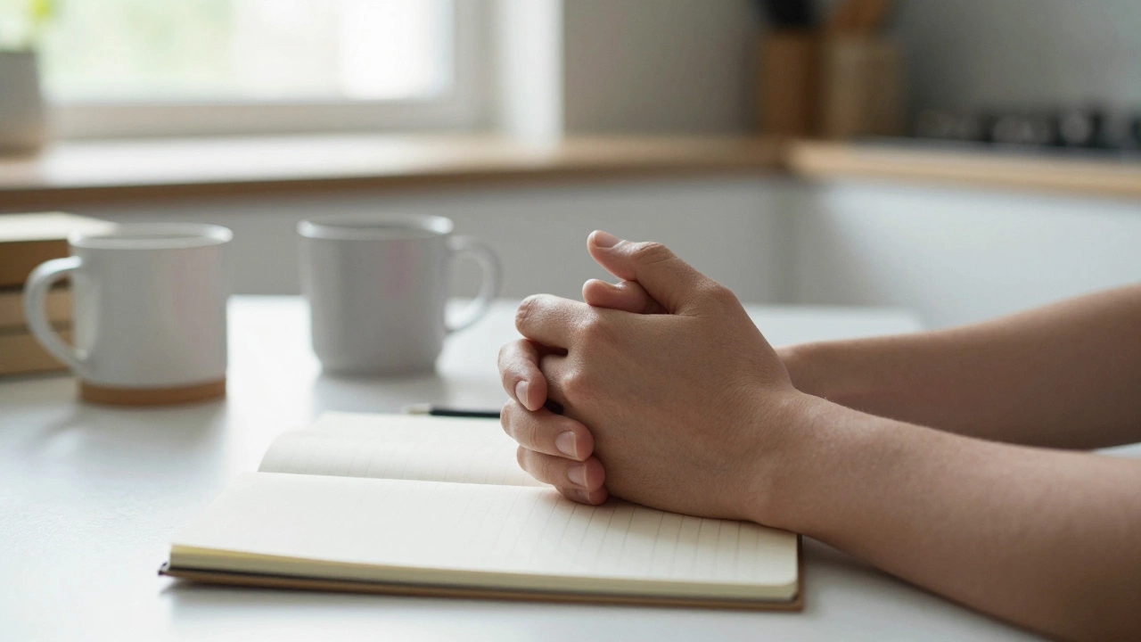 Close-up of hands holding gently over a kitchen table in natural morning light