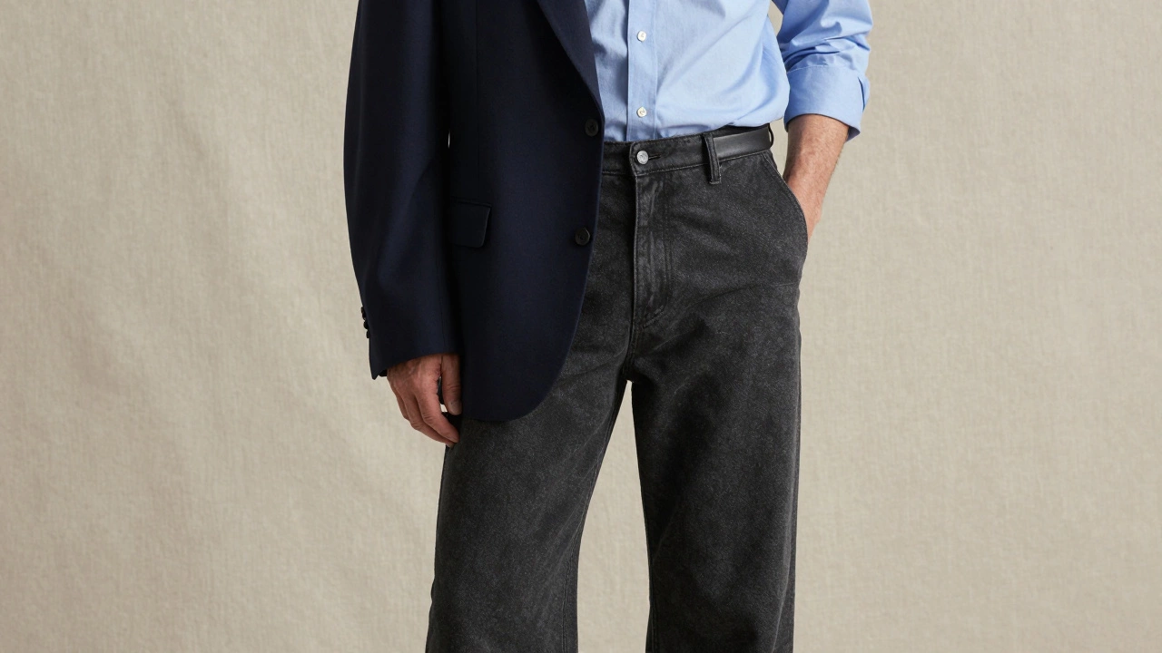 Close up of tailored wide-leg jeans with a blazer and tucked shirt