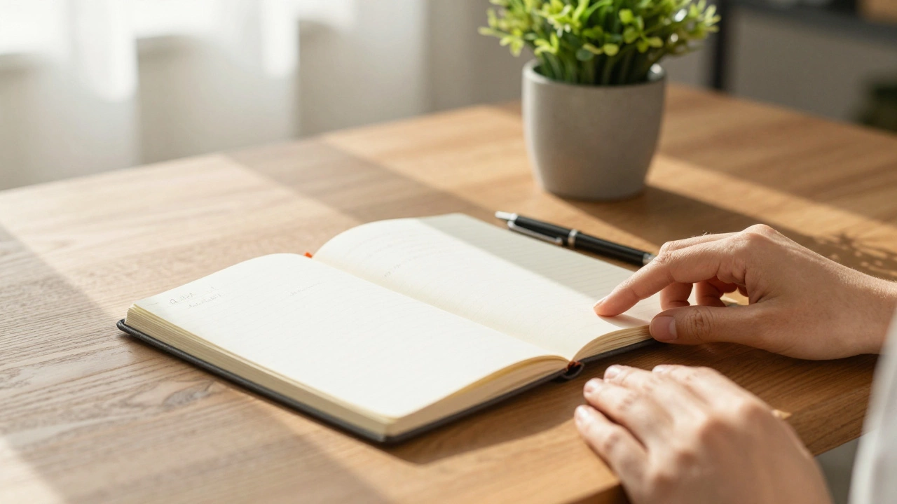 Clutter-free wooden desk with notebook and plant