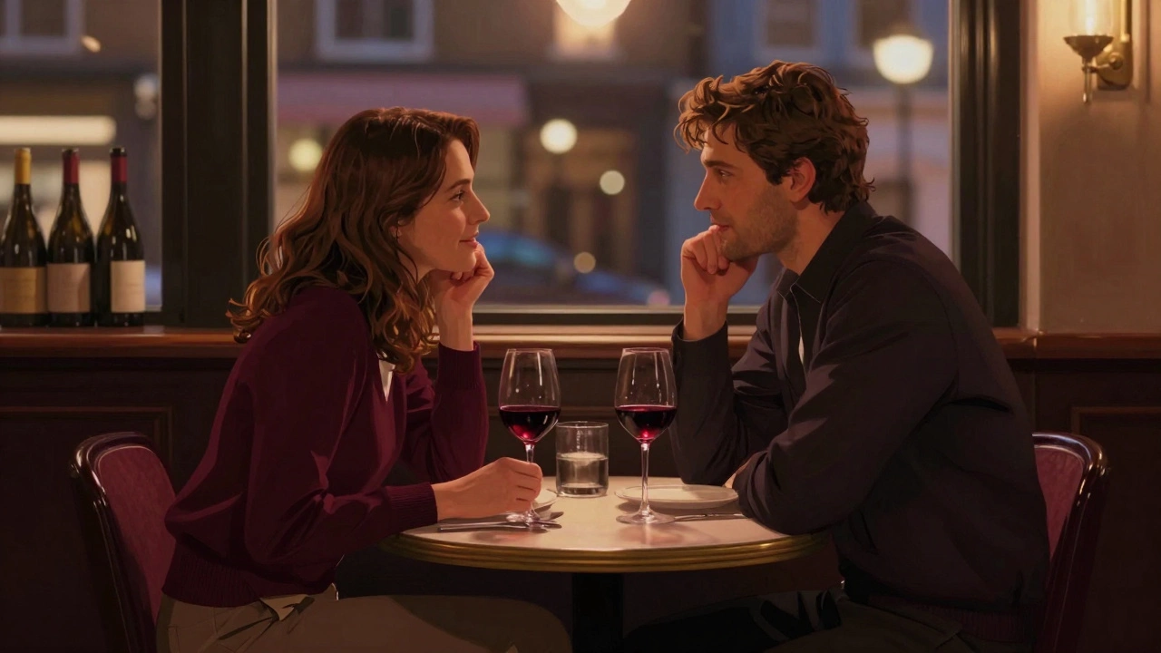 Couple sharing intimate conversation over wine