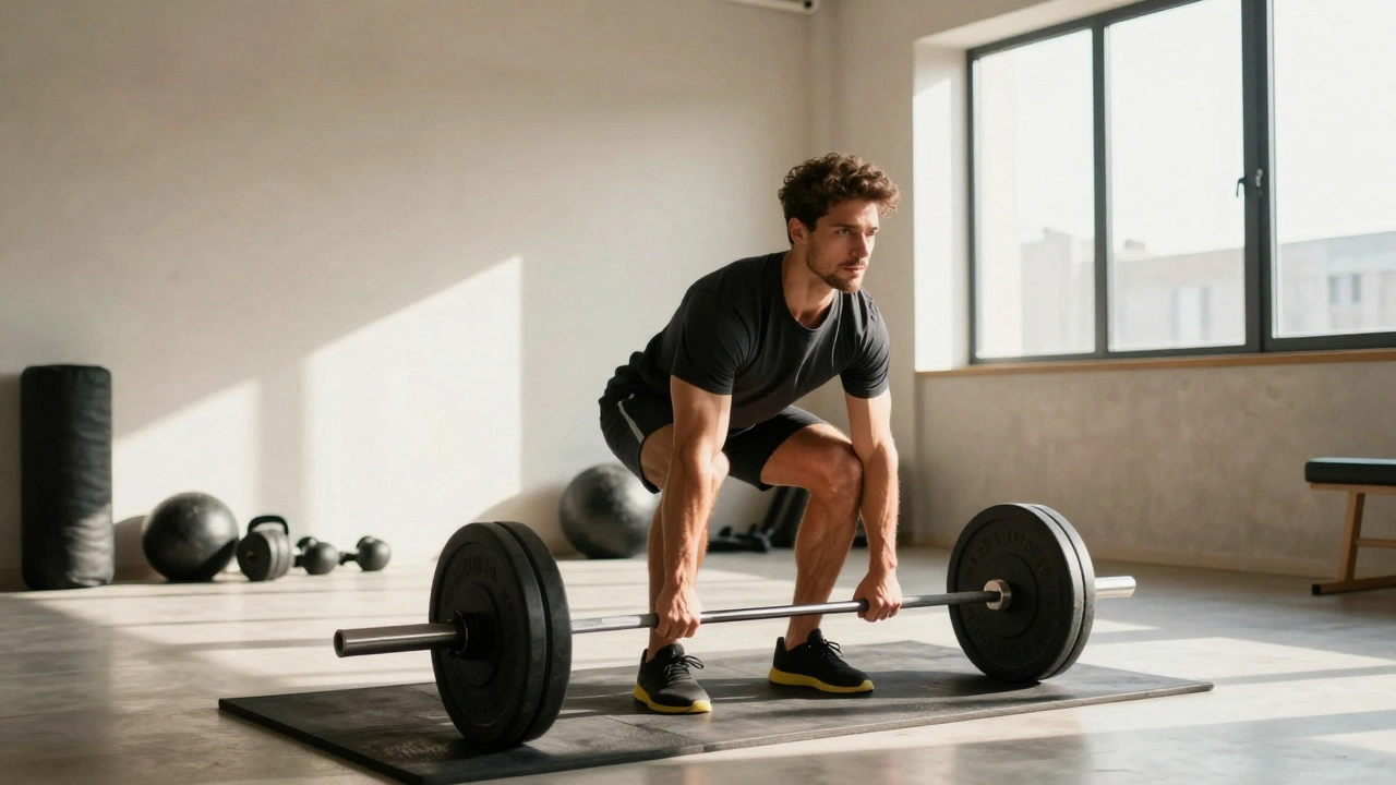Fit man lifting weights in sunlit minimalist gym