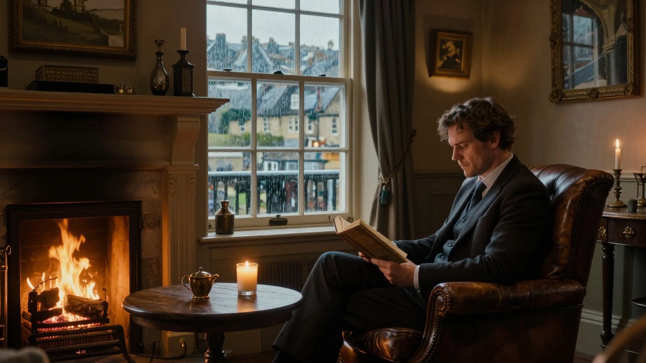 Gentleman reading by fireplace in cozy UK country inn