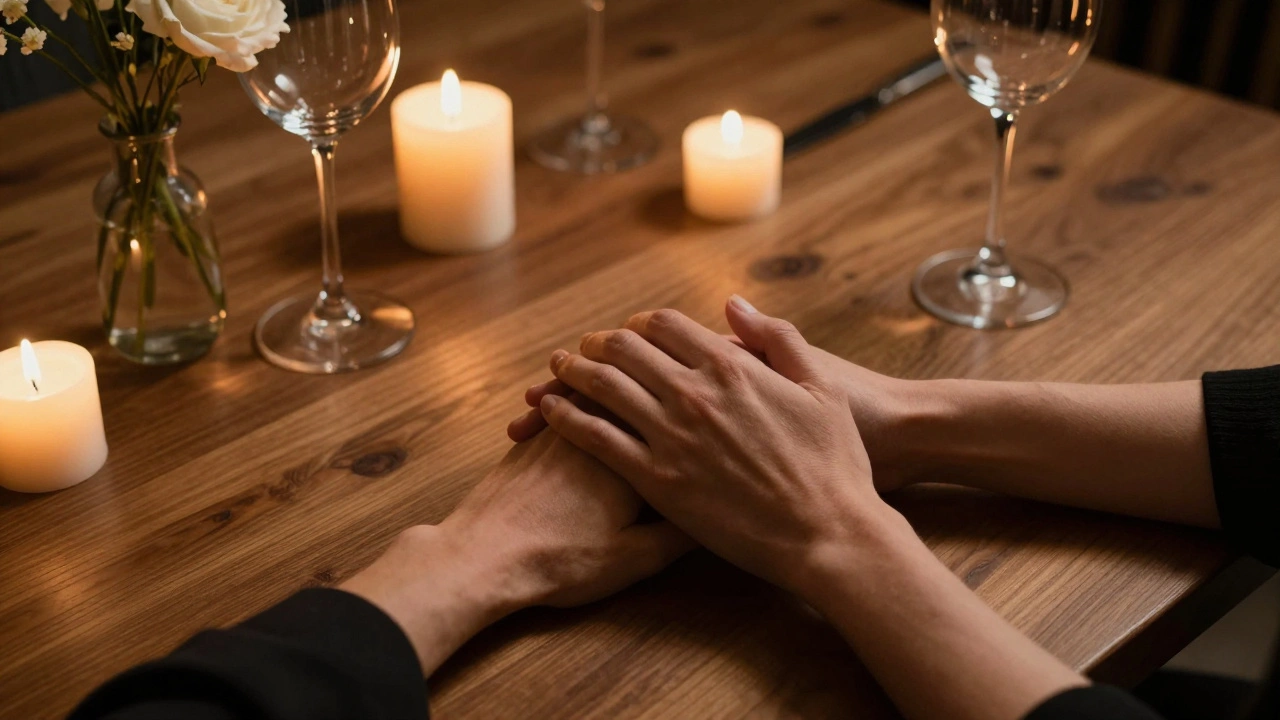 Hands holding during a candlelit dinner emphasizing physical connection